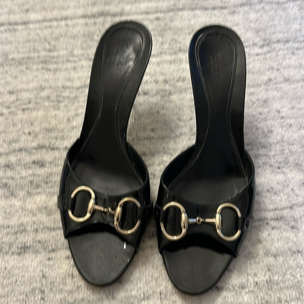 Gorgeous Gucci kitten heel slides.  Black patent leather.  Lightly worn